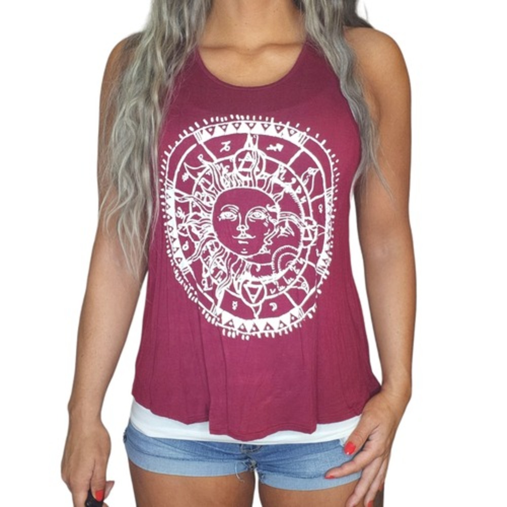 Red White Sundial Tank Top Small Maroon Burgundy Flowy Back Slit Boho Hipster